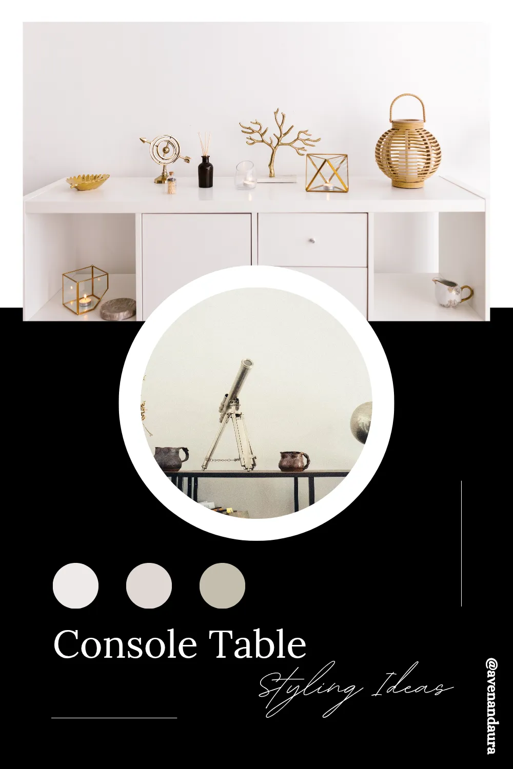 White console table styled with warm gold and brass decorative objects
